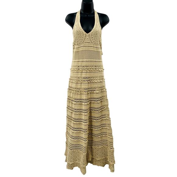 Y2K Vintage Crochet Cream Halter Maxi Dress - Picture 1 of 4